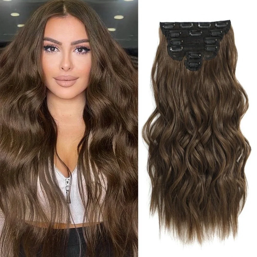 New Clip-in Hair Extensions 6PCS Medium Brown Long Wavy Soft Natural Blending